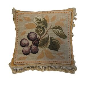 French Country Pillow Velvet Back 12" Fruit Plums Tassels Fringe Needlepoint‎